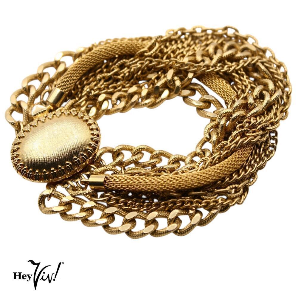 Vintage Chunky Bracelet w 13 Gold Metal Chains and Ornate Clasp 7" Long -Hey Viv